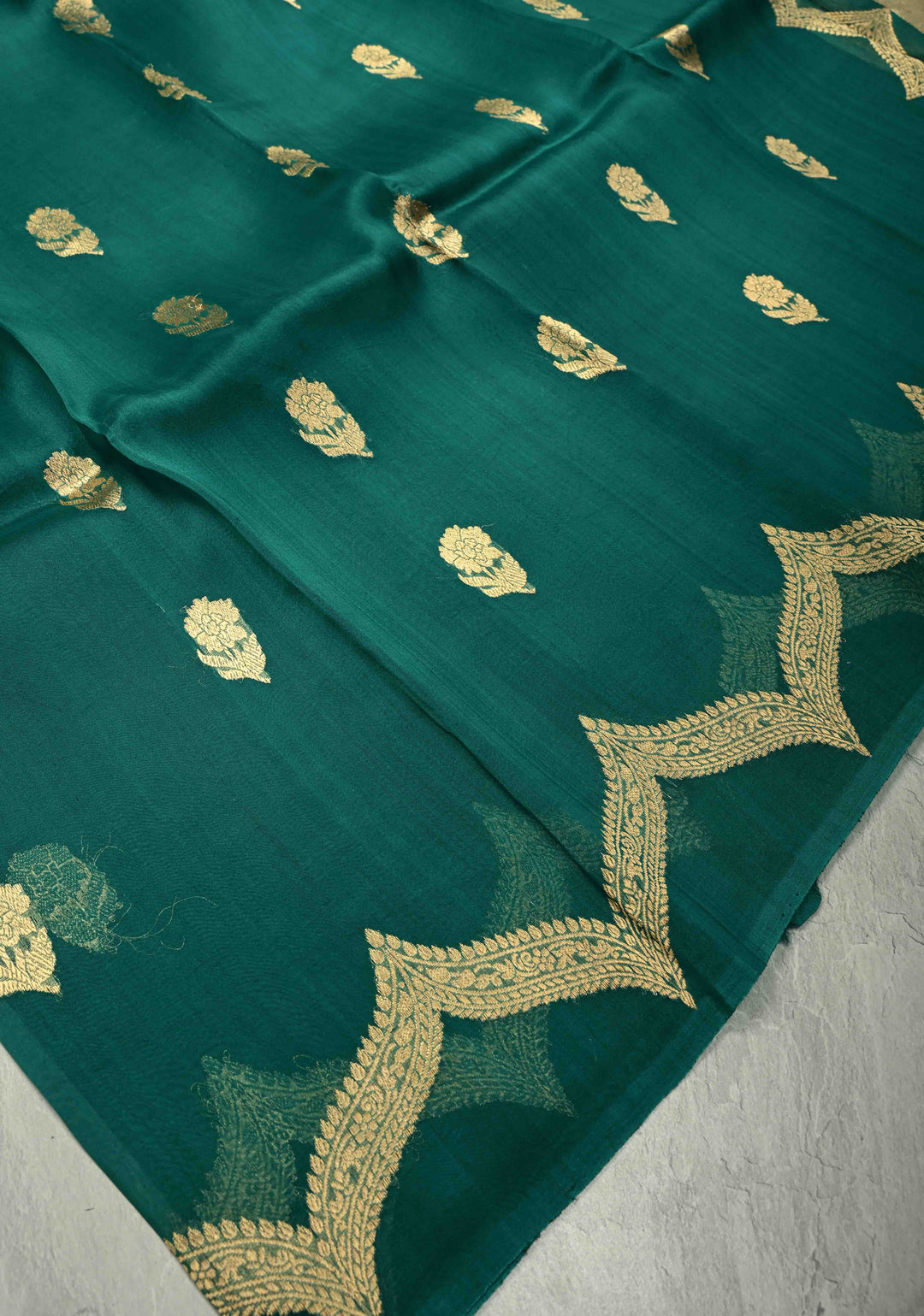 Teal Green Pure Banarasi Organza Silk Saree with Floral Zari Buttas and Scallop Border | SILK MARK CERTIFIED | SHOBITAM