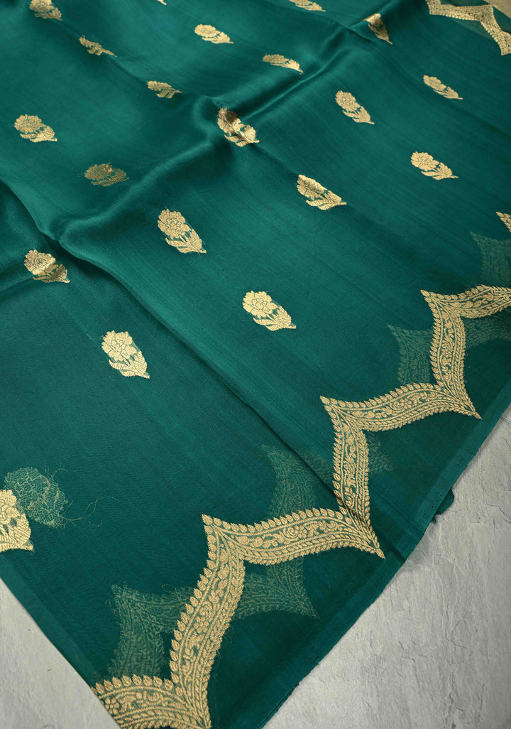 Teal Green Pure Banarasi Organza Silk Saree with Floral Zari Buttas and Scallop Border | SILK MARK CERTIFIED | SHOBITAM