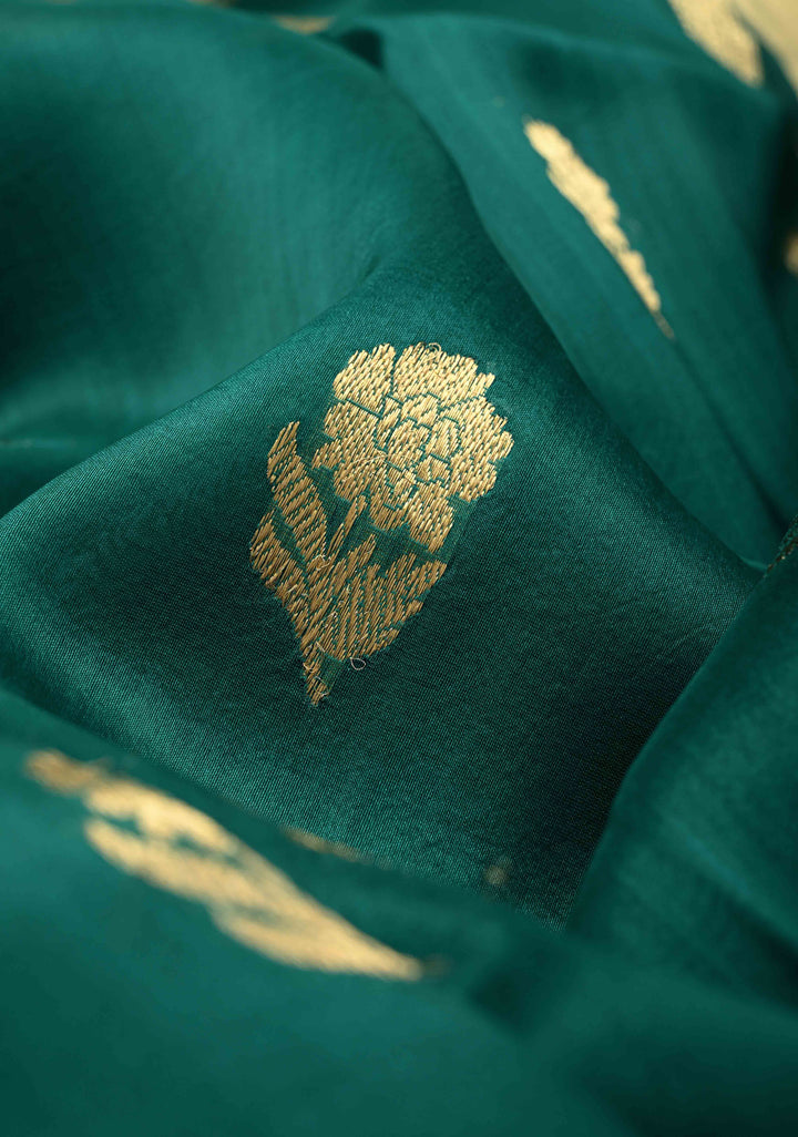 Teal Green Pure Banarasi Organza Silk Saree with Floral Zari Buttas and Scallop Border | SILK MARK CERTIFIED | SHOBITAM