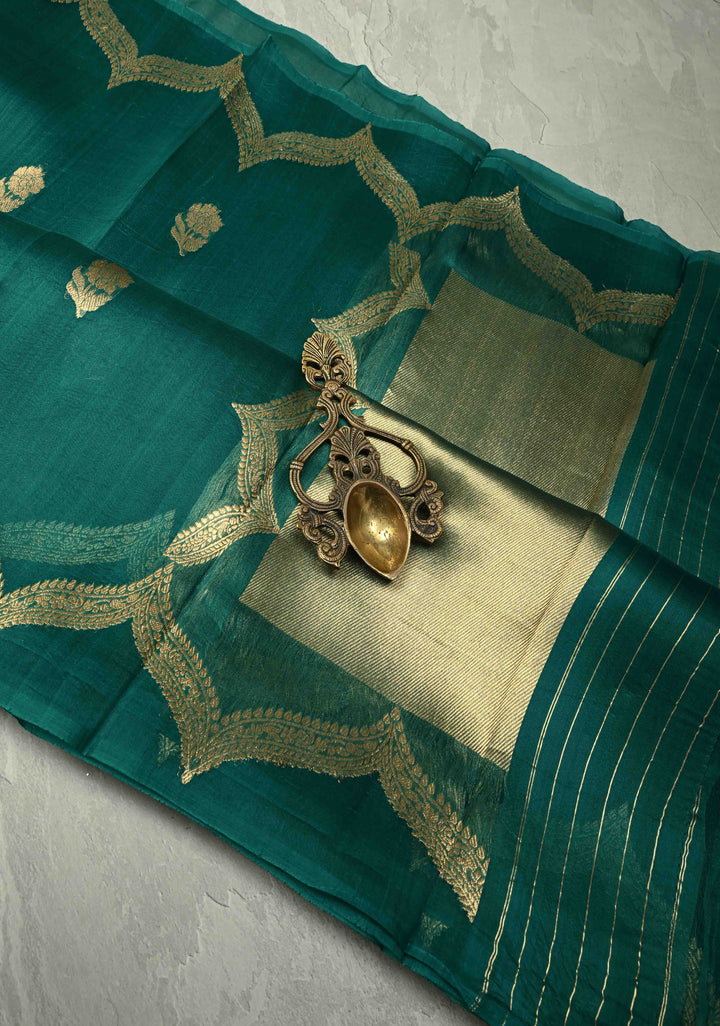 Teal Green Pure Banarasi Organza Silk Saree with Floral Zari Buttas and Scallop Border | SILK MARK CERTIFIED | SHOBITAM