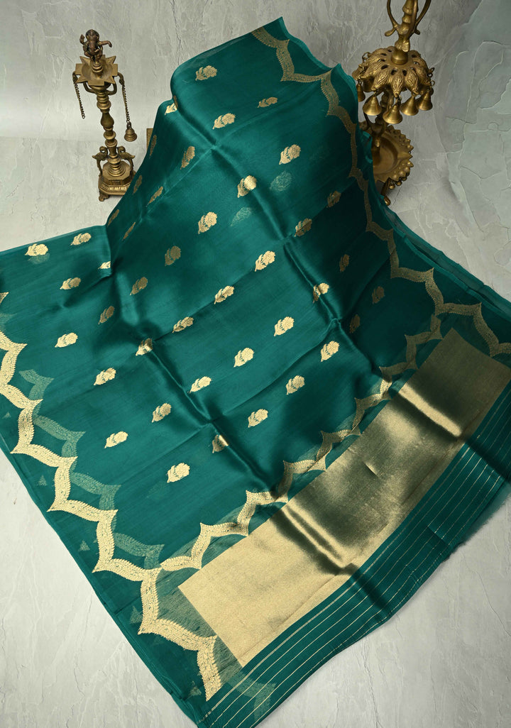 Teal Green Pure Banarasi Organza Silk Saree with Floral Zari Buttas and Scallop Border | SILK MARK CERTIFIED | SHOBITAM