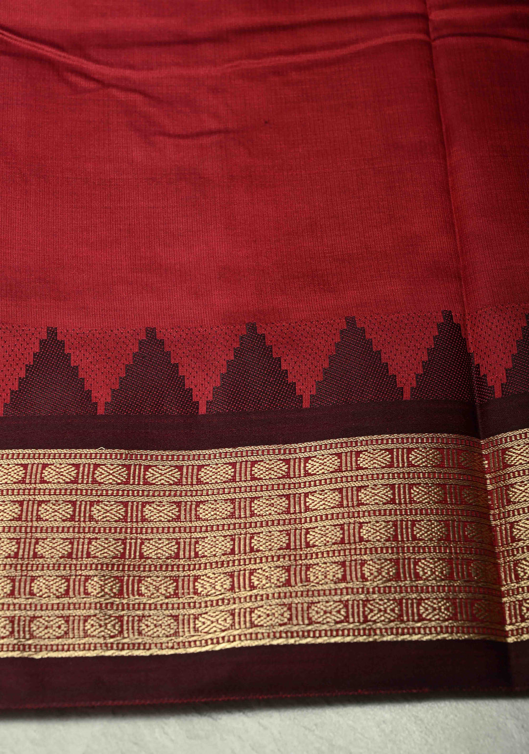 Dark Green Semi Silk Saree with Floral Buttas and Temple Zari Border