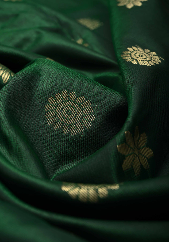 Dark Green Semi Silk Saree with Floral Buttas and Temple Zari Border