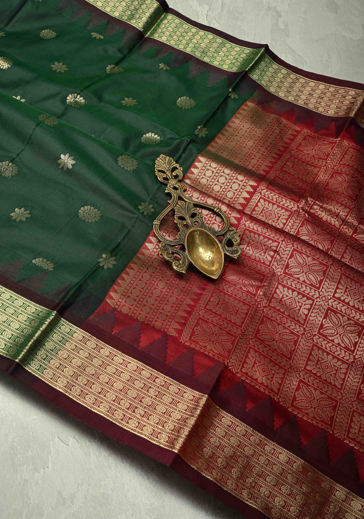 Dark Green Semi Silk Saree with Floral Buttas and Temple Zari Border