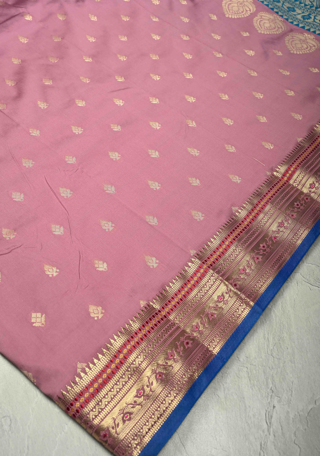 Rose Pink Semi Silk Saree with Zari Buttas and Temple Meenakari Zari Border
