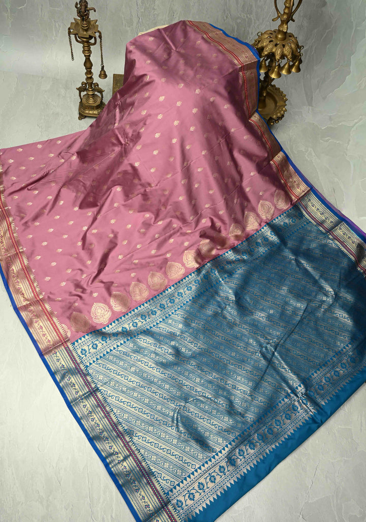 Rose Pink Semi Silk Saree with Zari Buttas and Temple Meenakari Zari Border