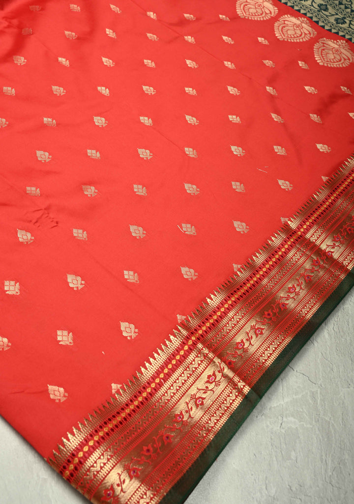 Red Semi Silk Saree with Zari Buttas and Meenakari Border