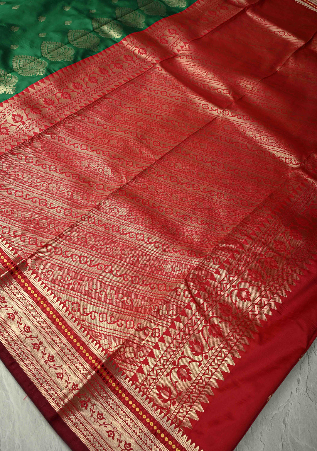 Green Semi Silk Saree with Zari Buttas and Meenakari Border