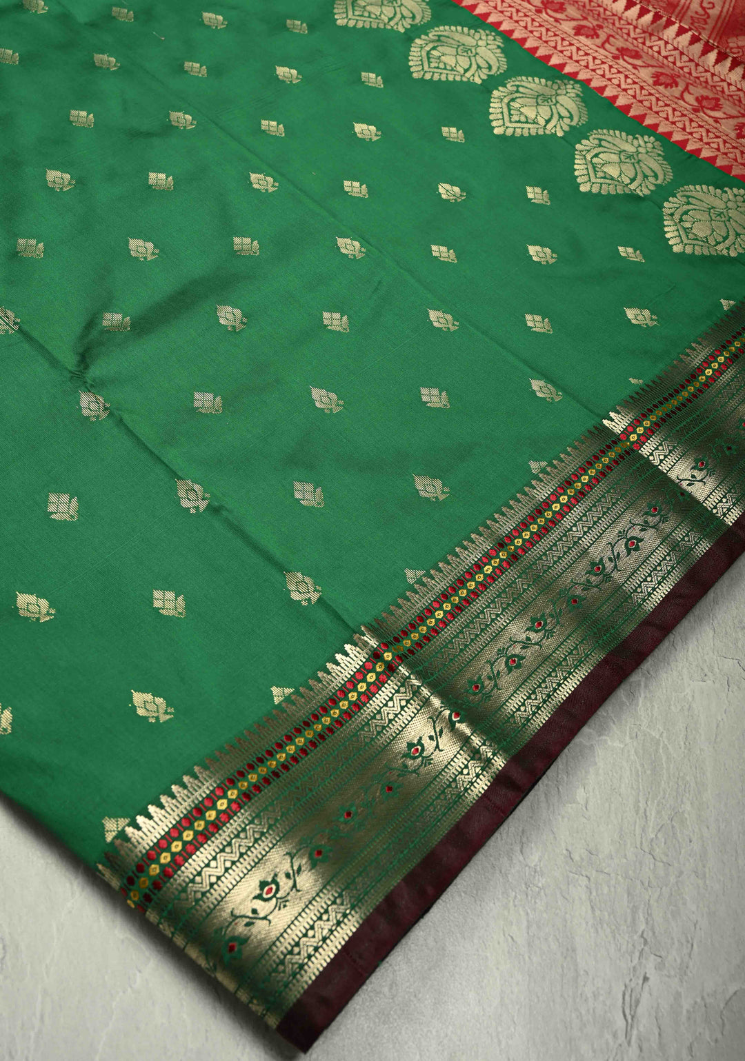 Green Semi Silk Saree with Zari Buttas and Meenakari Border