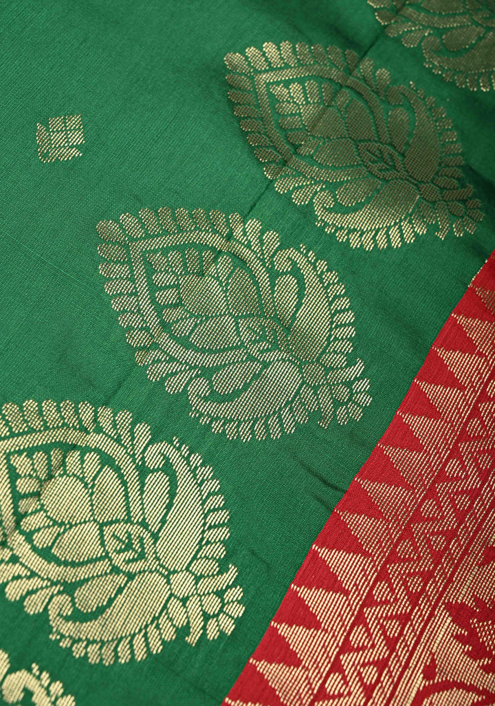 Green Semi Silk Saree with Zari Buttas and Meenakari Border