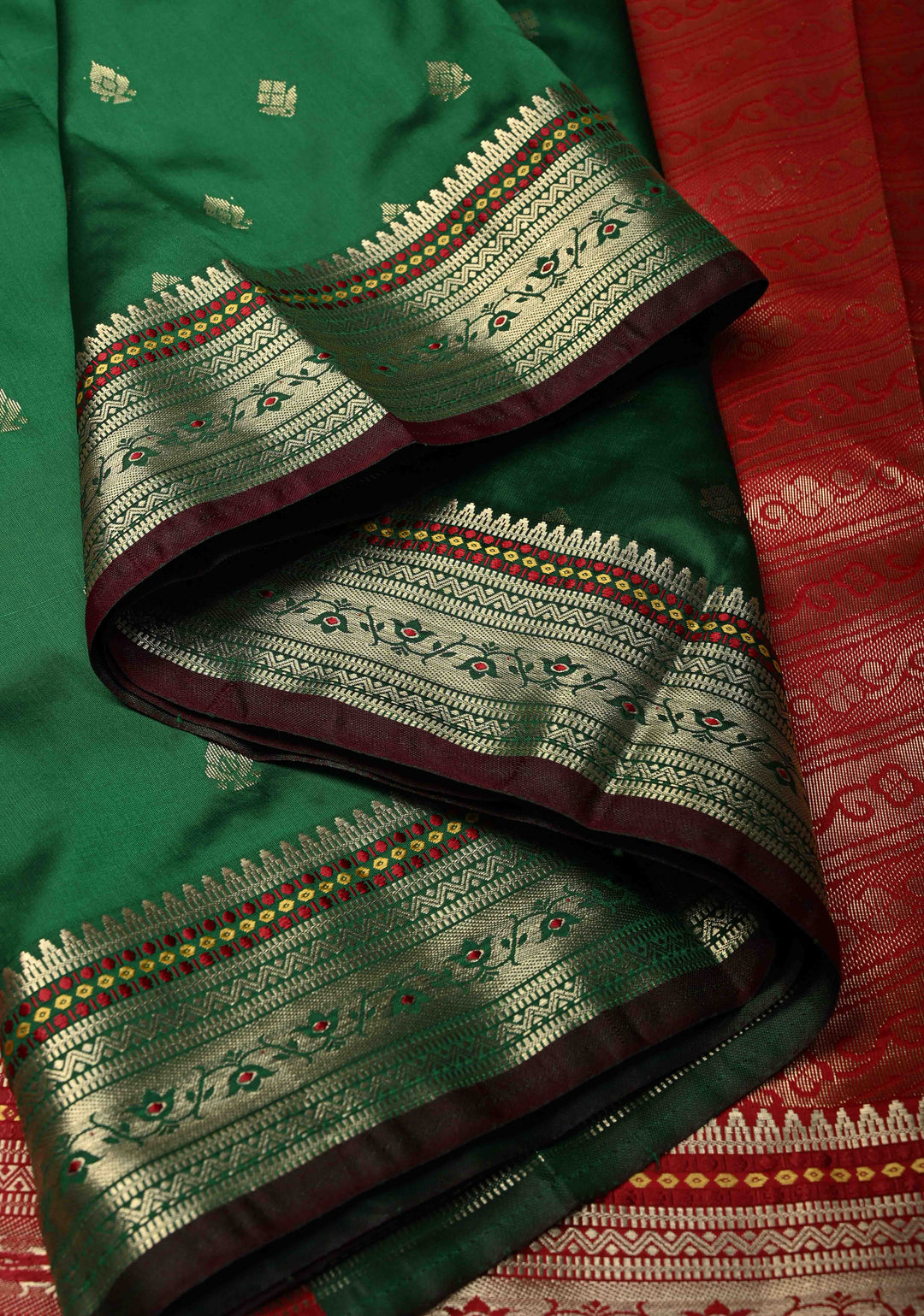Green Semi Silk Saree with Zari Buttas and Meenakari Border