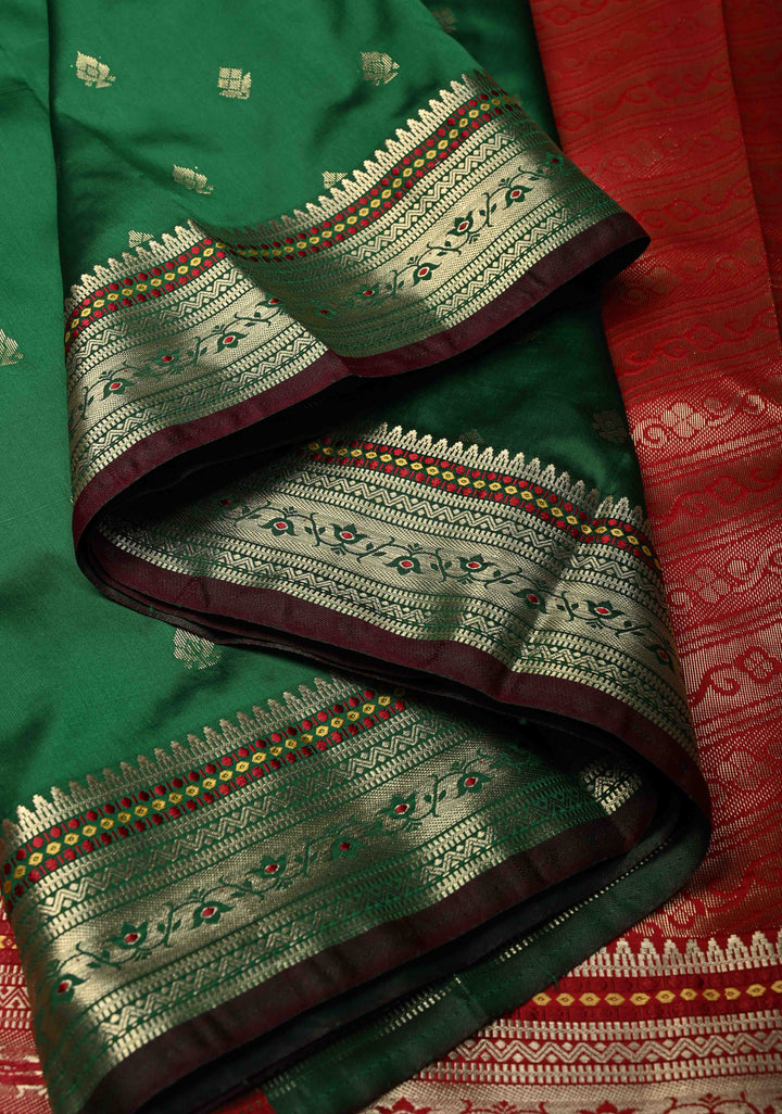 Green Semi Silk Saree with Zari Buttas and Meenakari Border