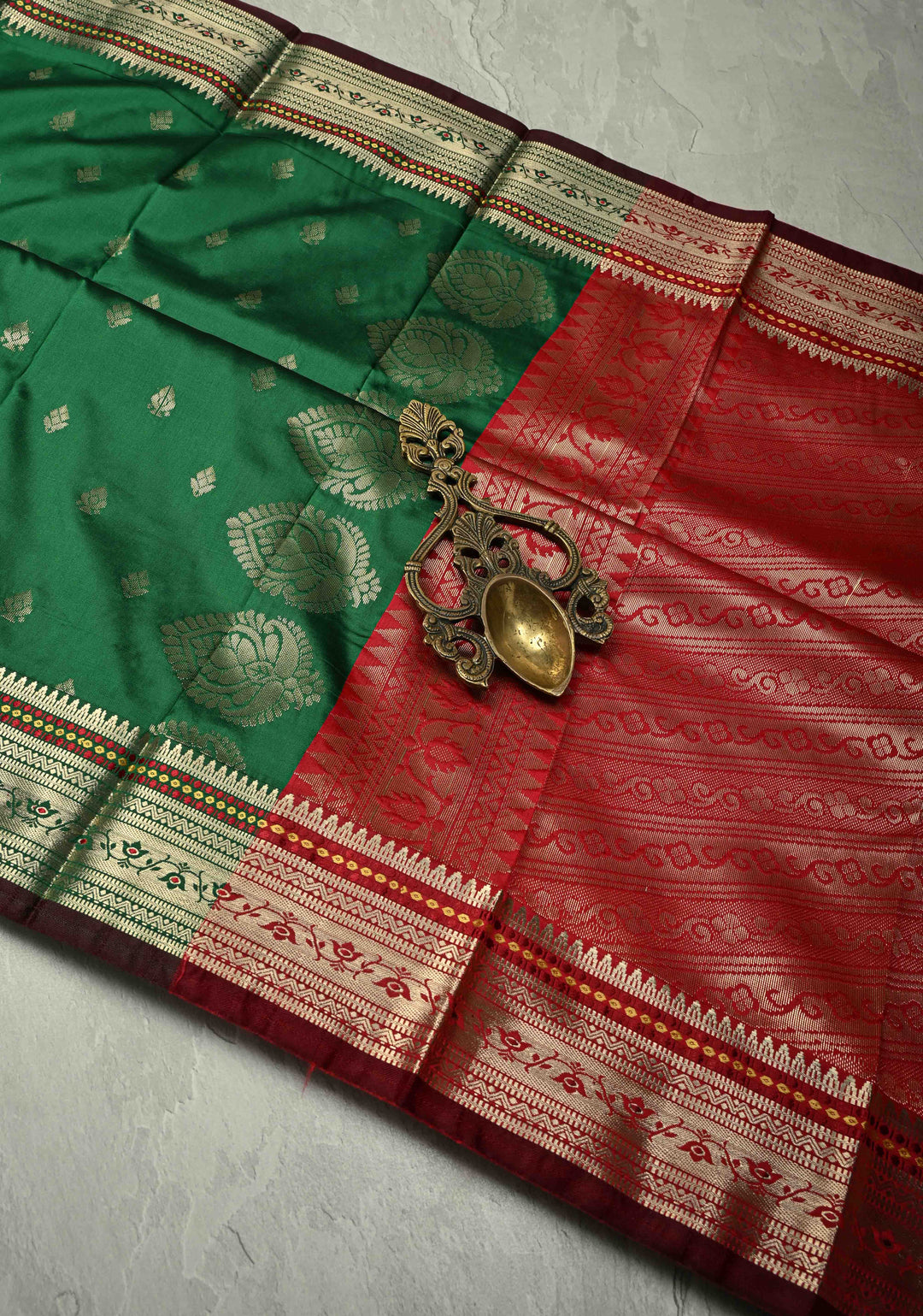 Green Semi Silk Saree with Zari Buttas and Meenakari Border