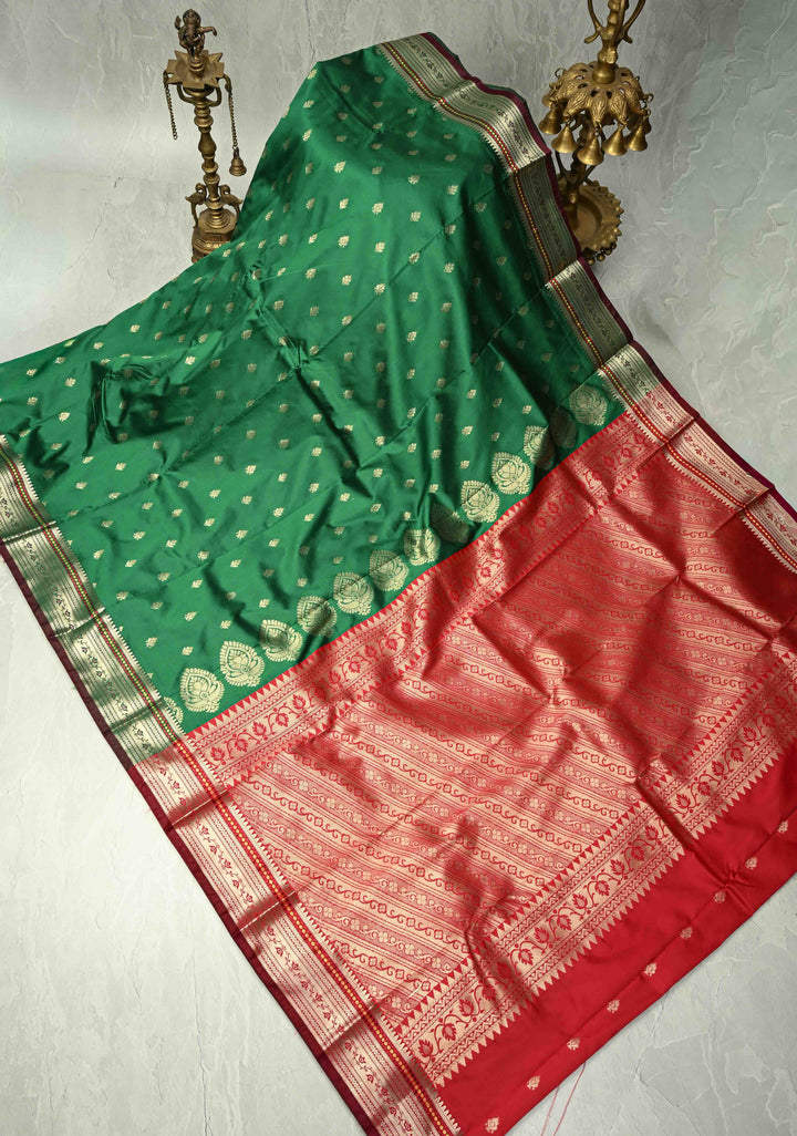 Green Semi Silk Saree with Zari Buttas and Meenakari Border
