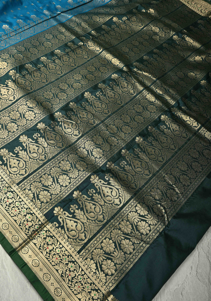 Peacock Blue Semi Silk Saree with Zari Buttis and Meenakari Border