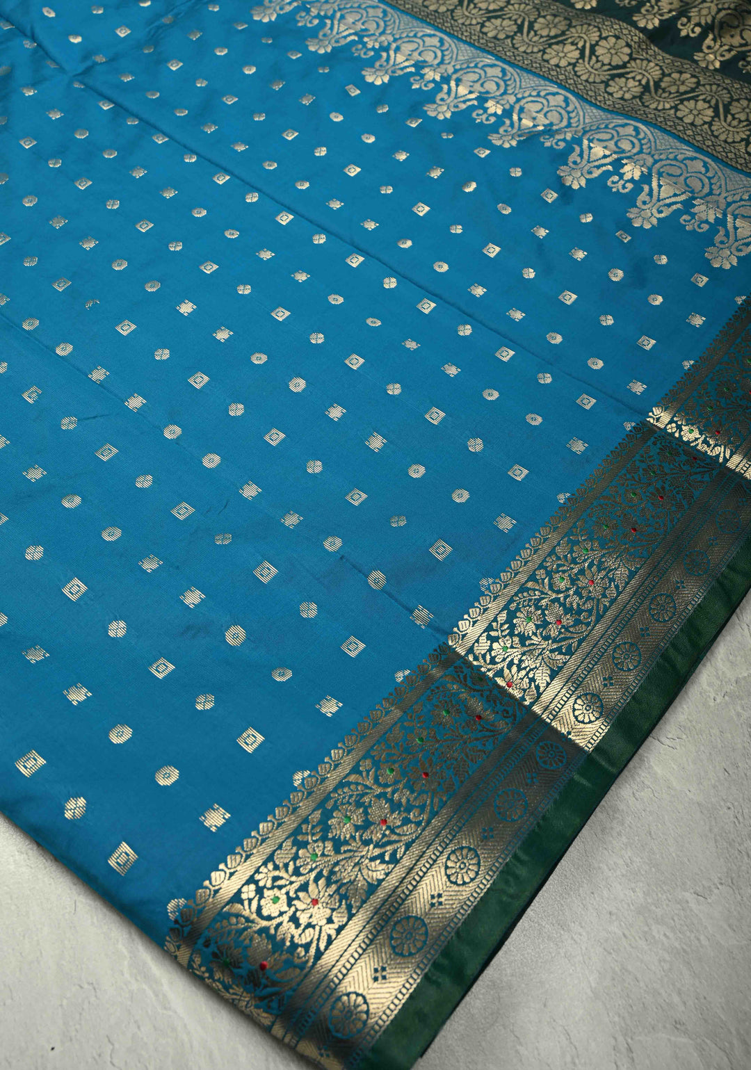 Peacock Blue Semi Silk Saree with Zari Buttis and Meenakari Border