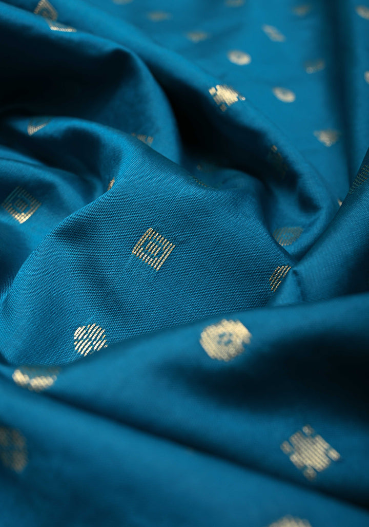 Peacock Blue Semi Silk Saree with Zari Buttis and Meenakari Border