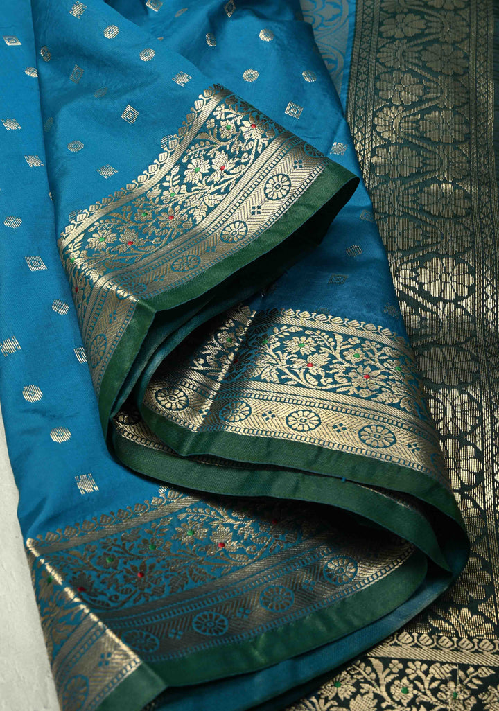 Peacock Blue Semi Silk Saree with Zari Buttis and Meenakari Border