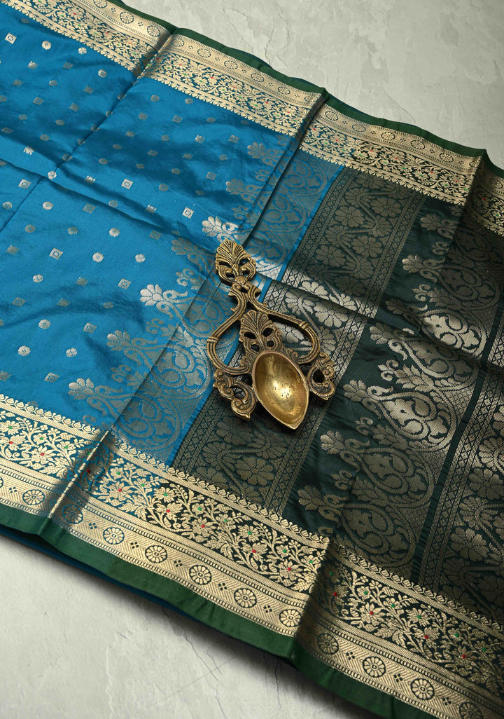 Peacock Blue Semi Silk Saree with Zari Buttis and Meenakari Border