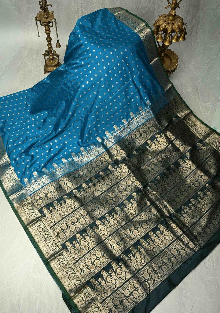 Peacock Blue Semi Silk Saree with Zari Buttis and Meenakari Border