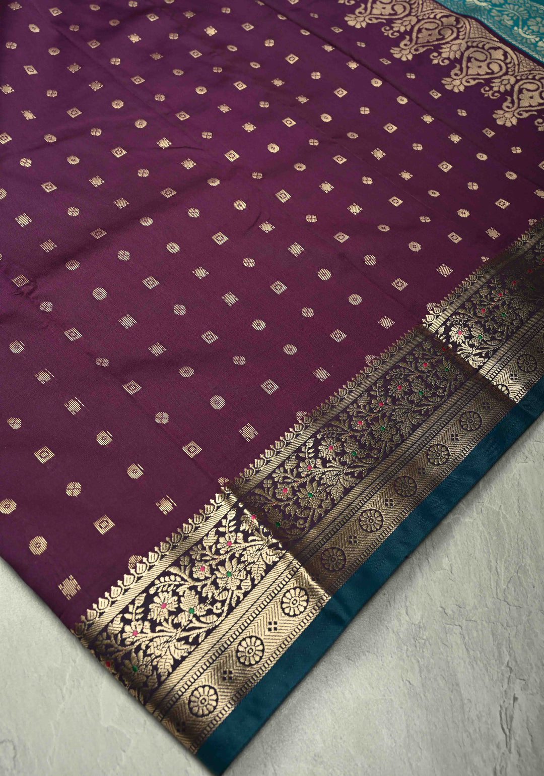 Eggplant Purple Semi Silk Saree with Geometric Butta and Meenakari Zari Border
