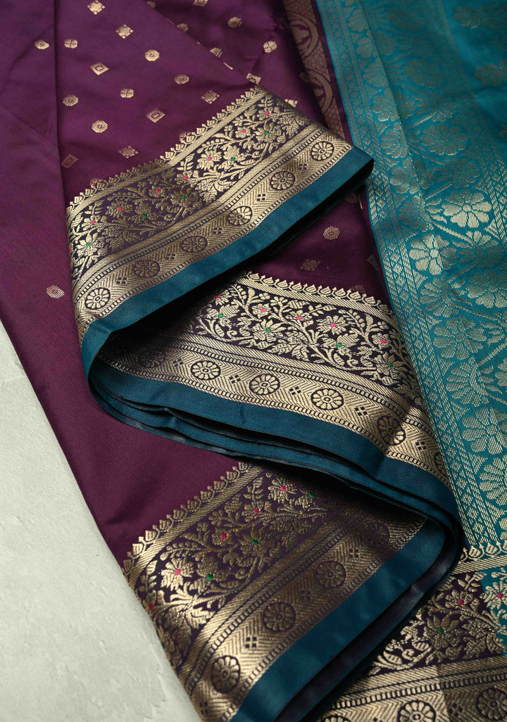 Eggplant Purple Semi Silk Saree with Geometric Butta and Meenakari Zari Border