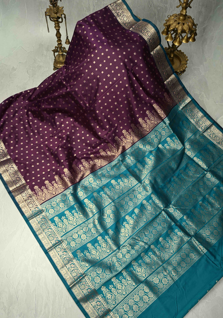 Eggplant Purple Semi Silk Saree with Geometric Butta and Meenakari Zari Border