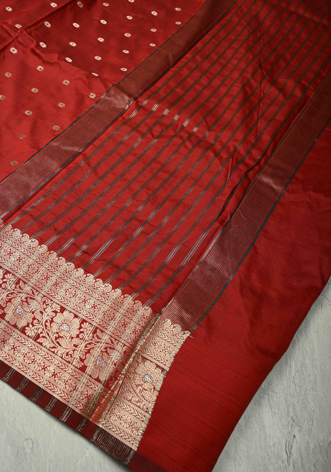 Deep Red Semi Silk Saree with Meenakari Buttas and Alfi Zari Border