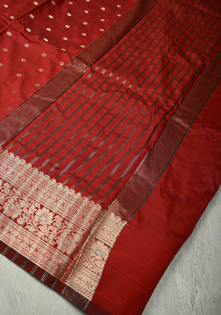Deep Red Semi Silk Saree with Meenakari Buttas and Alfi Zari Border