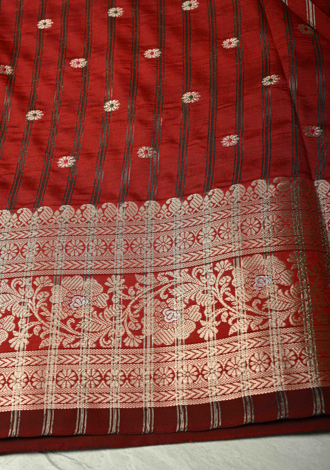 Deep Red Semi Silk Saree with Meenakari Buttas and Alfi Zari Border