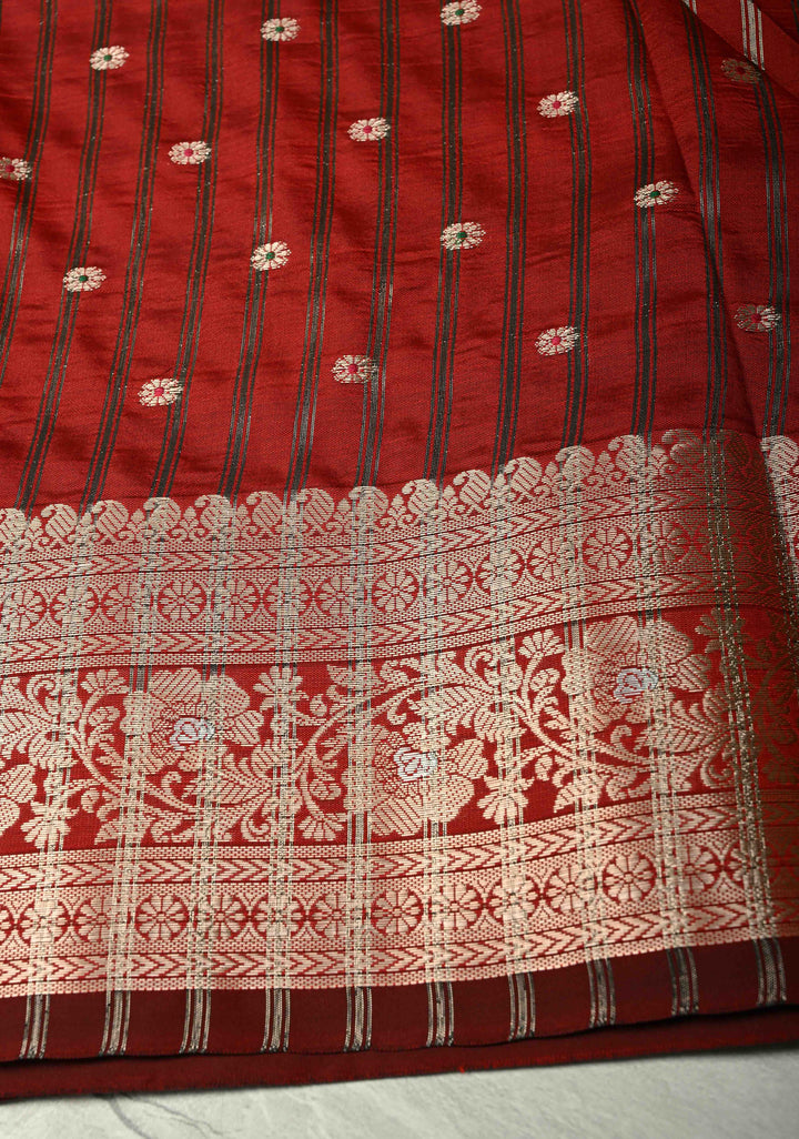 Deep Red Semi Silk Saree with Meenakari Buttas and Alfi Zari Border