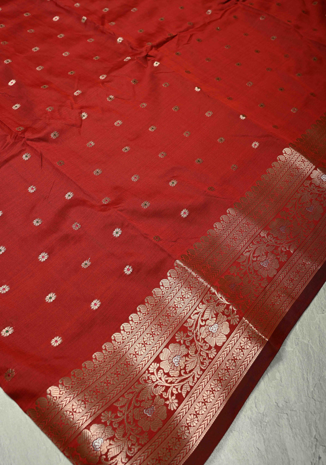 Deep Red Semi Silk Saree with Meenakari Buttas and Alfi Zari Border