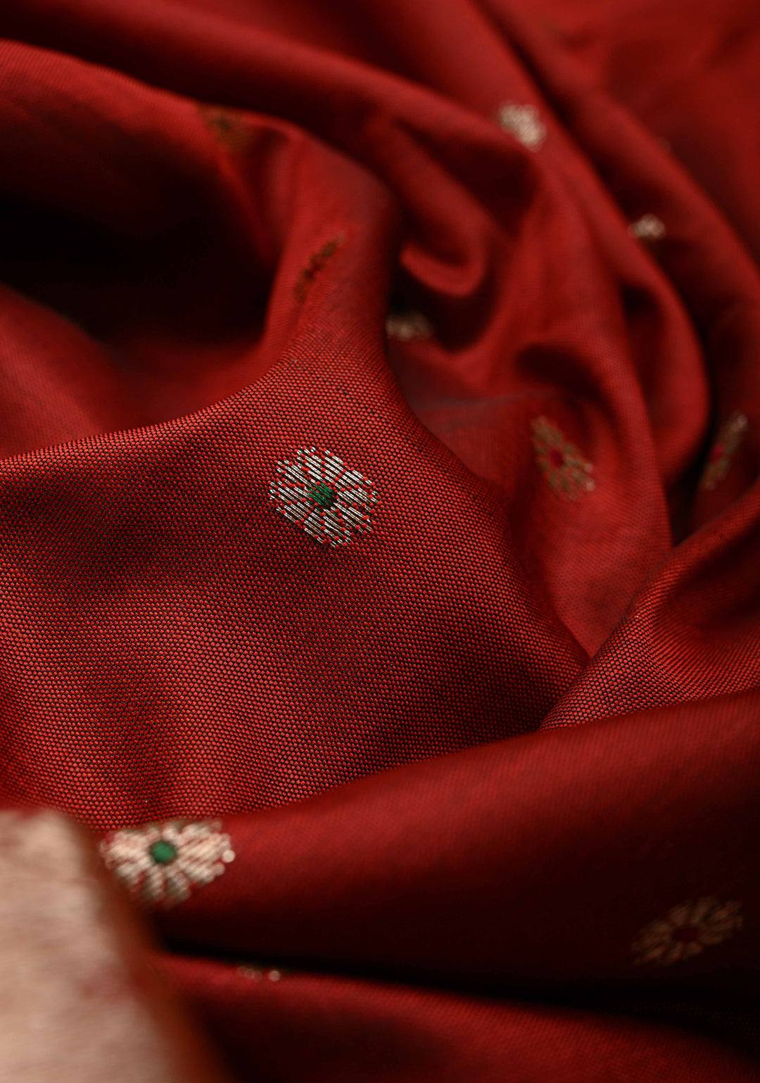 Deep Red Semi Silk Saree with Meenakari Buttas and Alfi Zari Border
