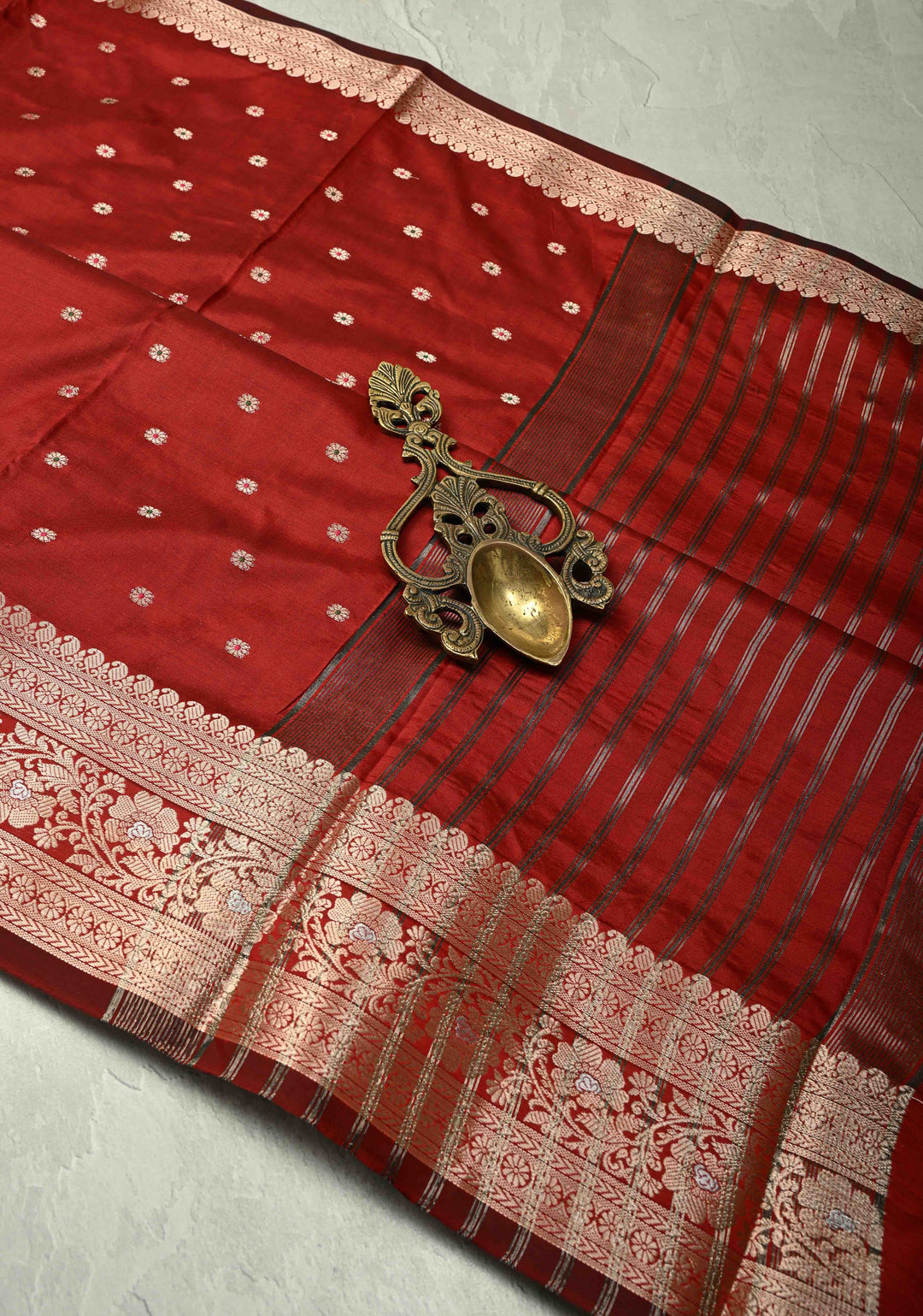 Deep Red Semi Silk Saree with Meenakari Buttas and Alfi Zari Border
