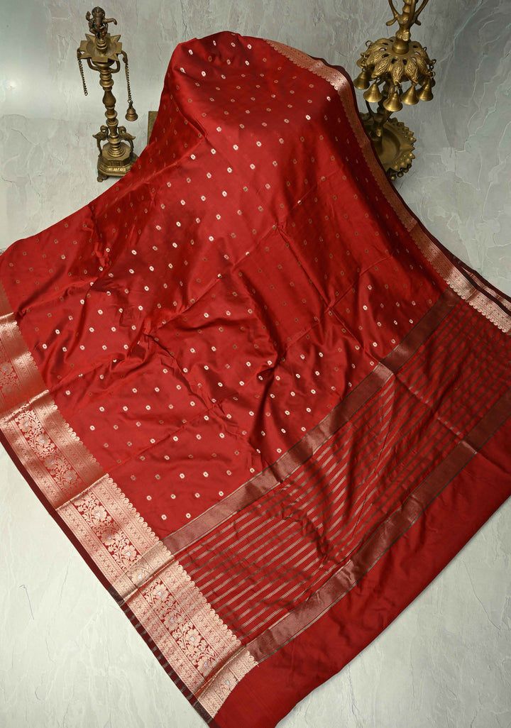 Deep Red Semi Silk Saree with Meenakari Buttas and Alfi Zari Border