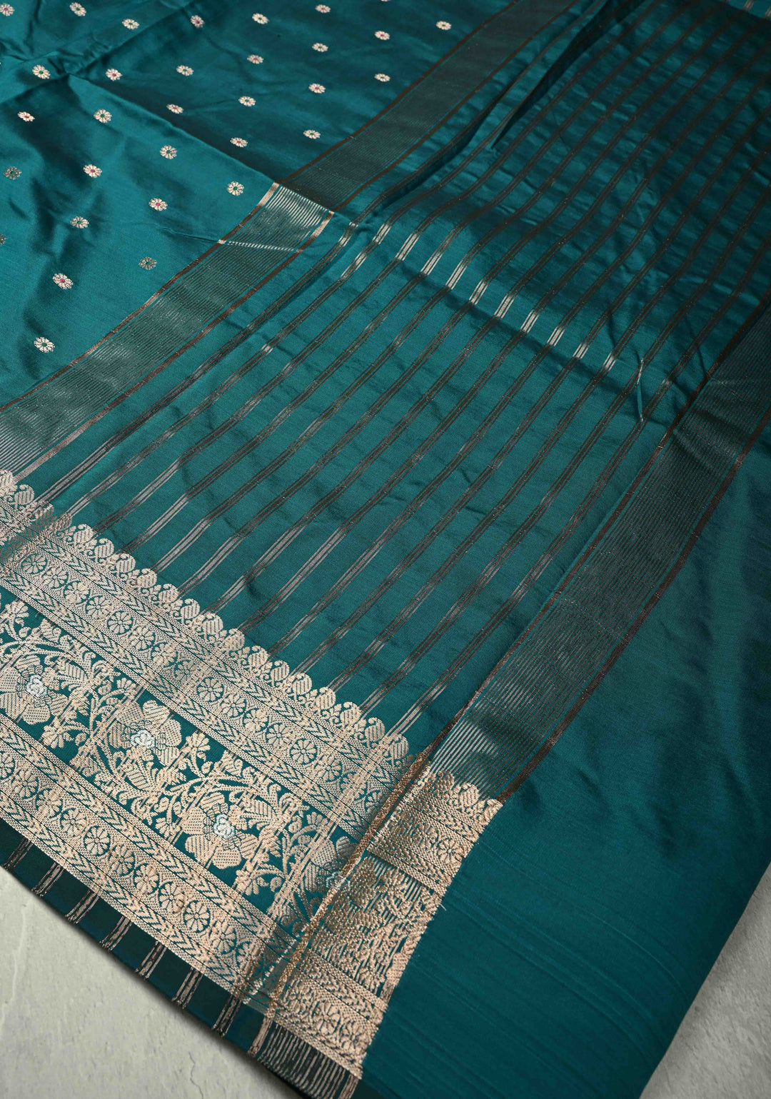 Teal Semi Silk Saree with Meenakari Chunri Buttis and Alfi Zari Border