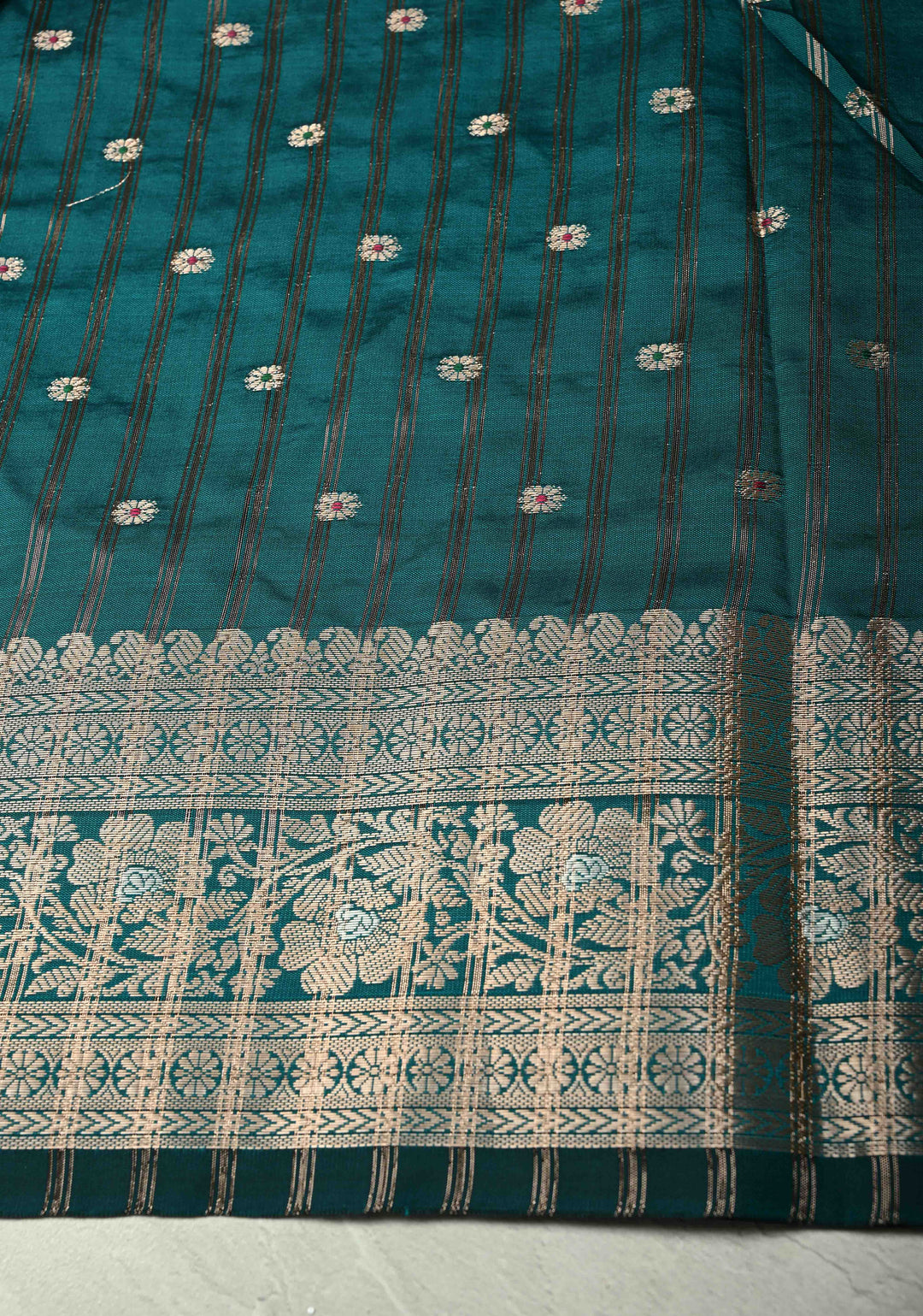 Teal Semi Silk Saree with Meenakari Chunri Buttis and Alfi Zari Border