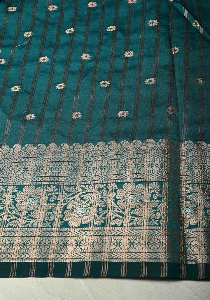 Teal Semi Silk Saree with Meenakari Chunri Buttis and Alfi Zari Border