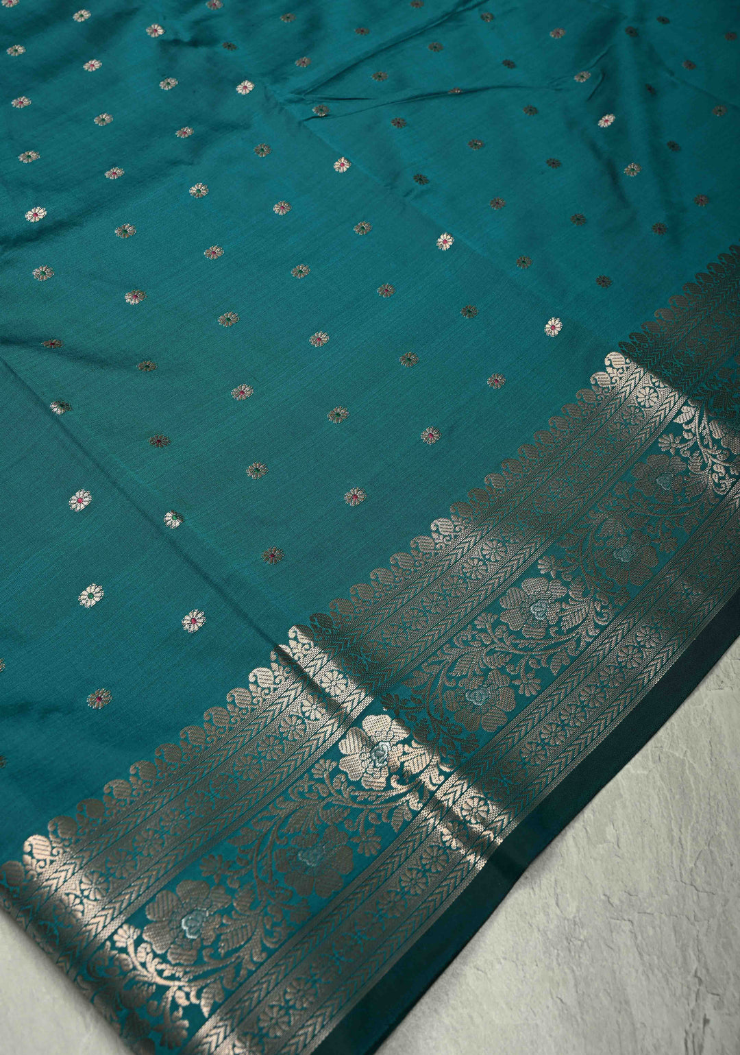 Teal Semi Silk Saree with Meenakari Chunri Buttis and Alfi Zari Border