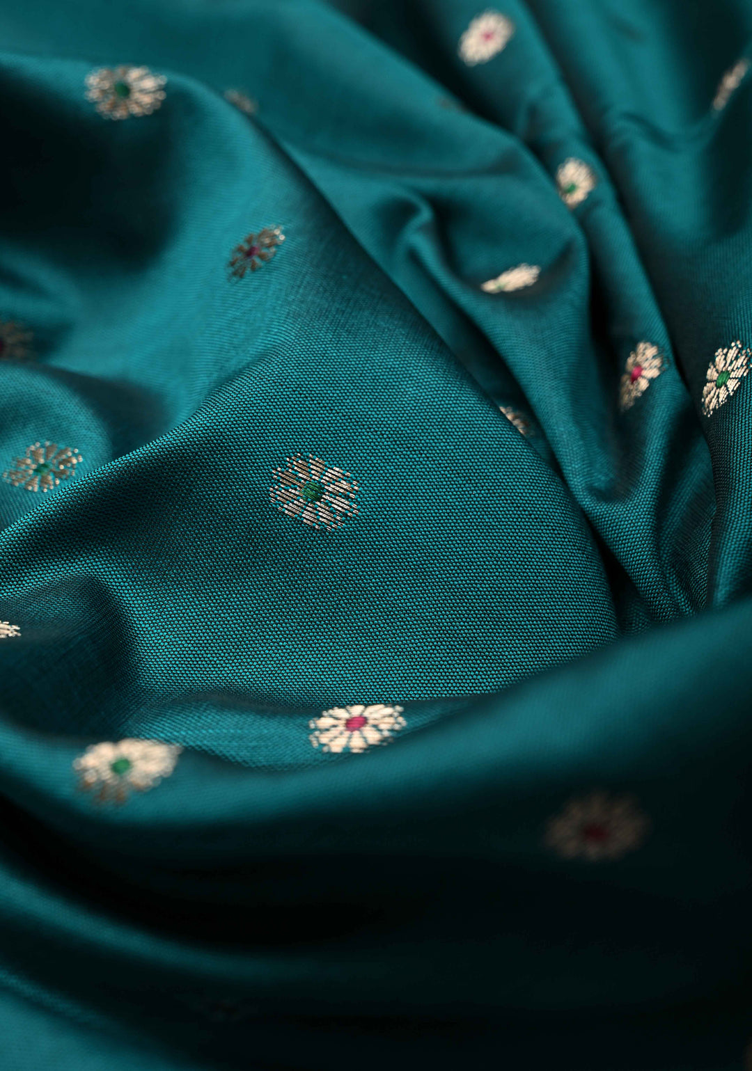 Teal Semi Silk Saree with Meenakari Chunri Buttis and Alfi Zari Border