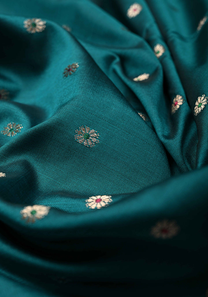 Teal Semi Silk Saree with Meenakari Chunri Buttis and Alfi Zari Border