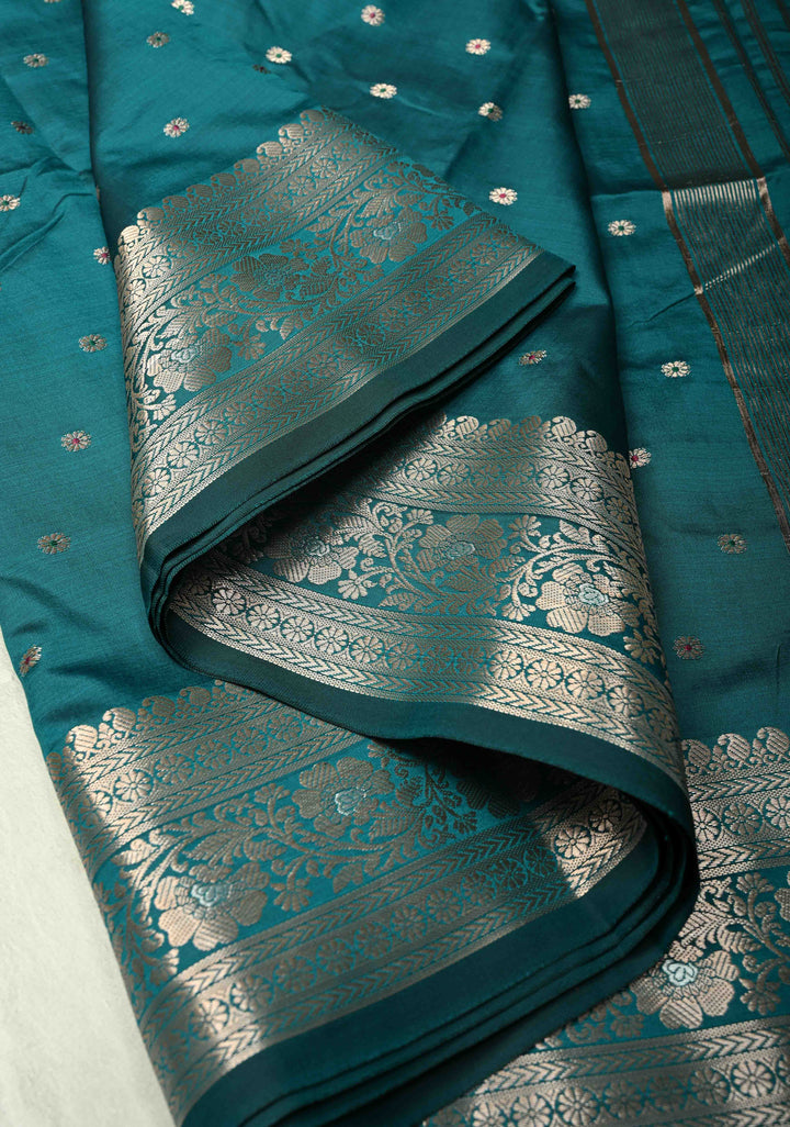 Teal Semi Silk Saree with Meenakari Chunri Buttis and Alfi Zari Border