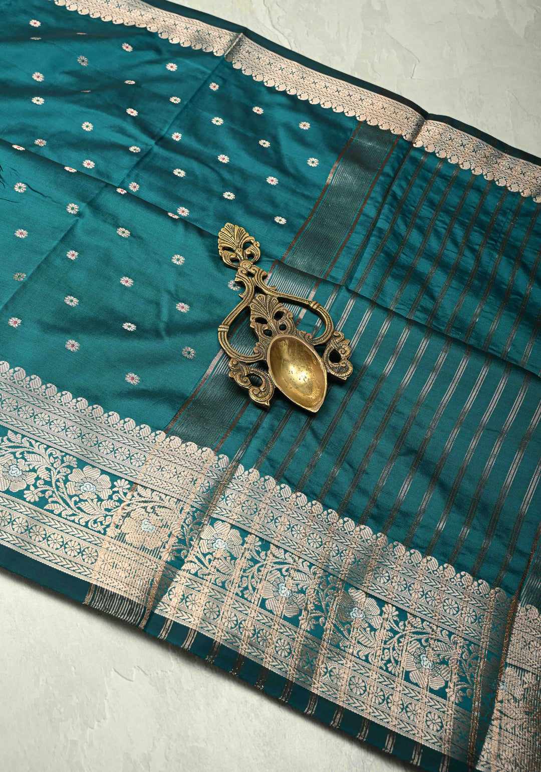 Teal Semi Silk Saree with Meenakari Chunri Buttis and Alfi Zari Border