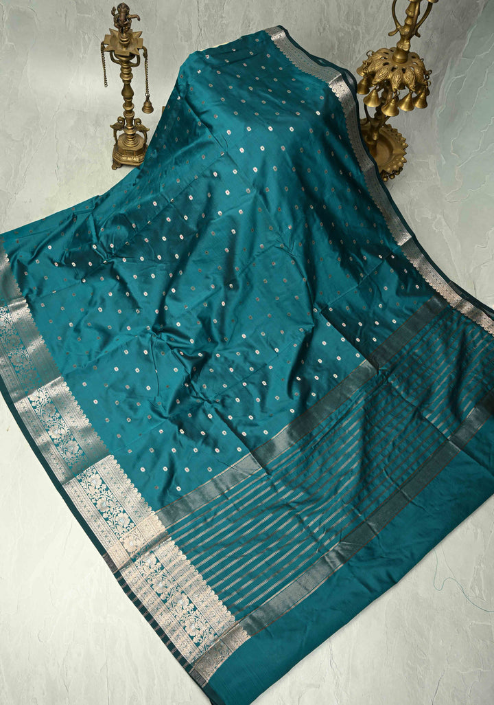 Teal Semi Silk Saree with Meenakari Chunri Buttis and Alfi Zari Border