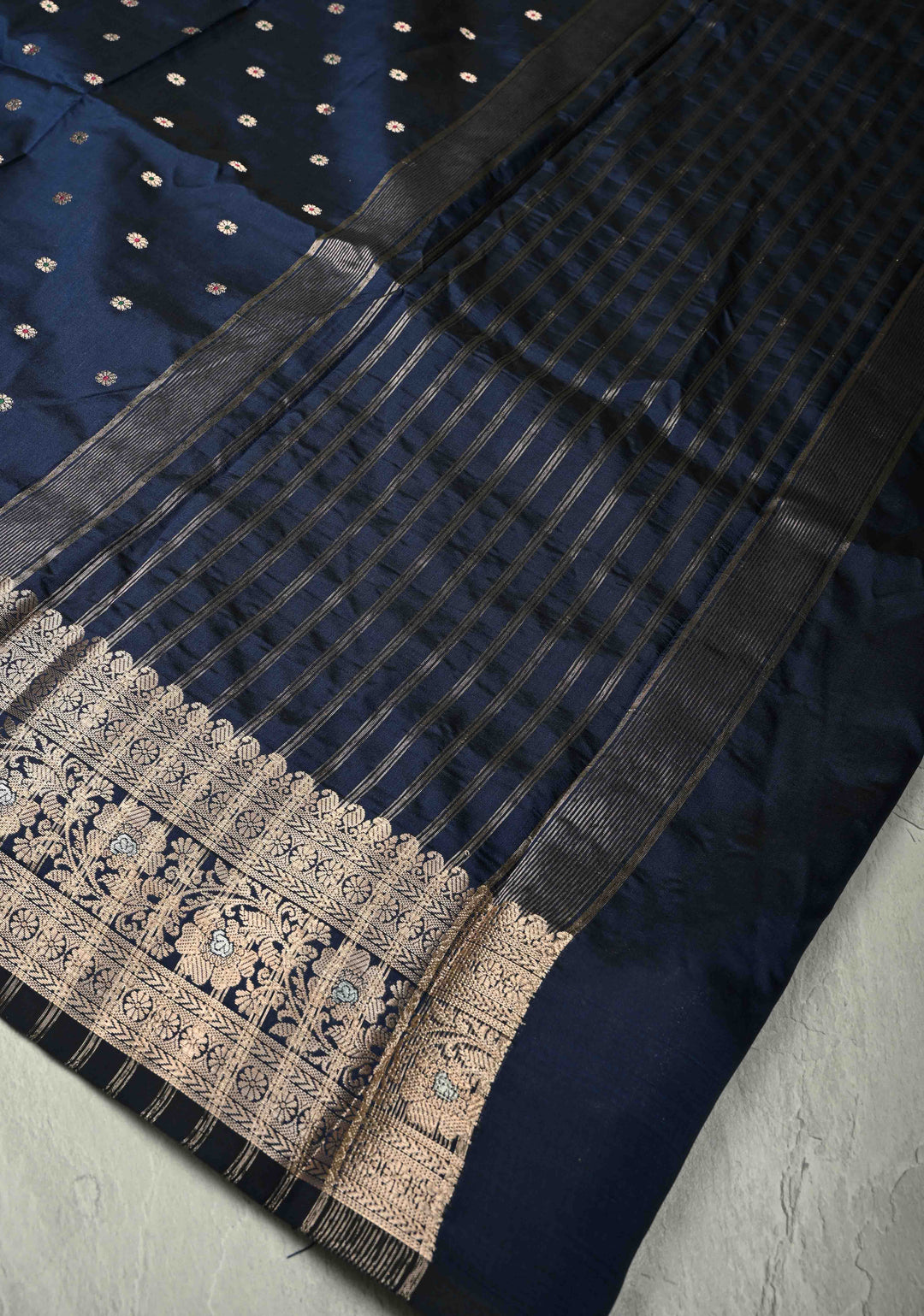 Midnight Blue Semi Silk Saree with Meenakari Chunri Buttis and Alfi Zari Border