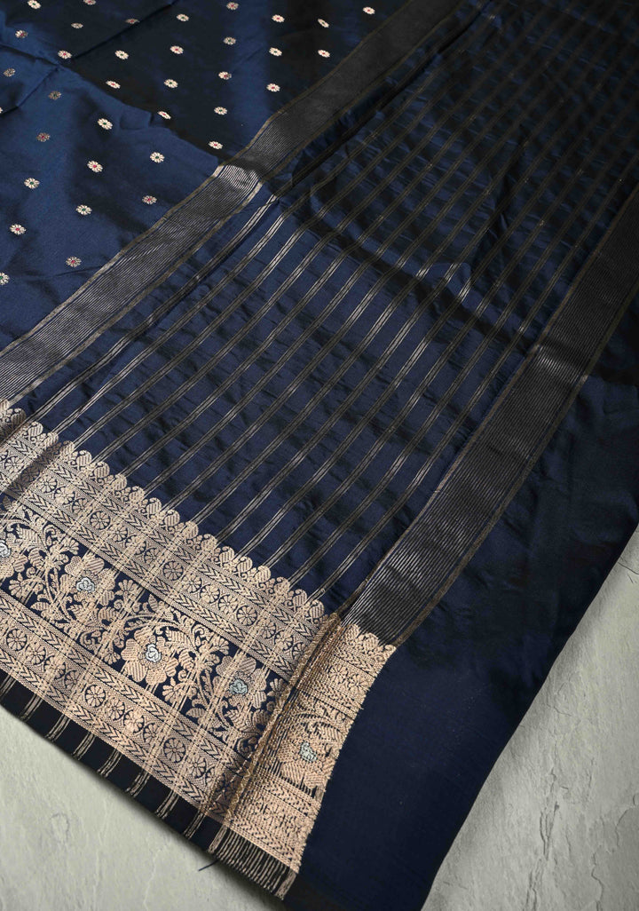 Midnight Blue Semi Silk Saree with Meenakari Chunri Buttis and Alfi Zari Border