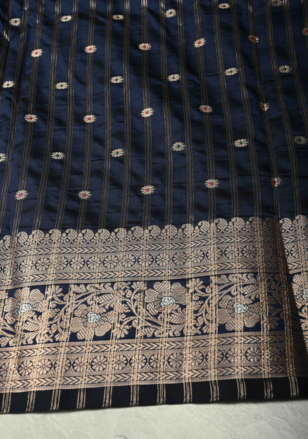 Midnight Blue Semi Silk Saree with Meenakari Chunri Buttis and Alfi Zari Border
