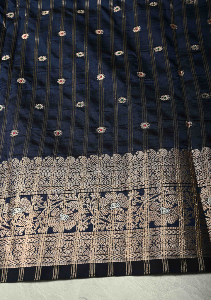 Midnight Blue Semi Silk Saree with Meenakari Chunri Buttis and Alfi Zari Border
