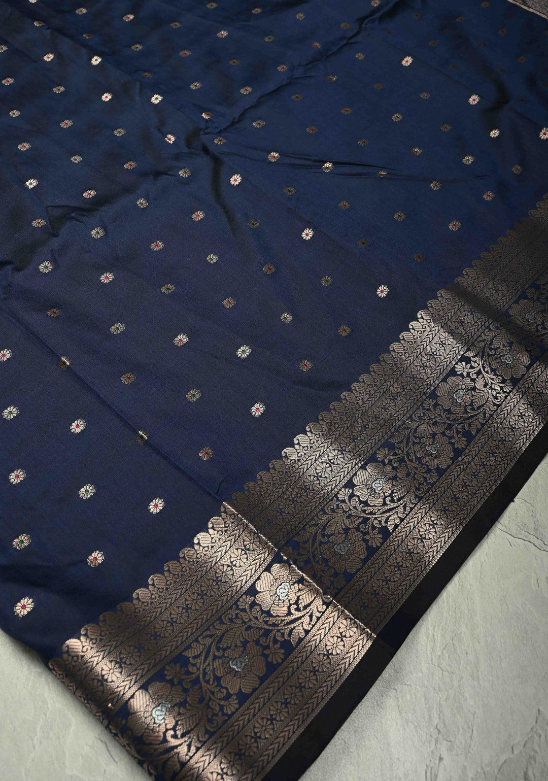 Midnight Blue Semi Silk Saree with Meenakari Chunri Buttis and Alfi Zari Border