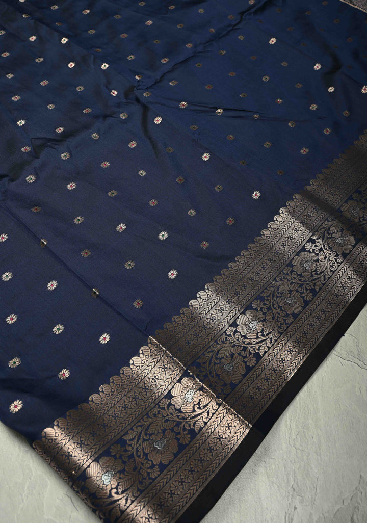 Midnight Blue Semi Silk Saree with Meenakari Chunri Buttis and Alfi Zari Border